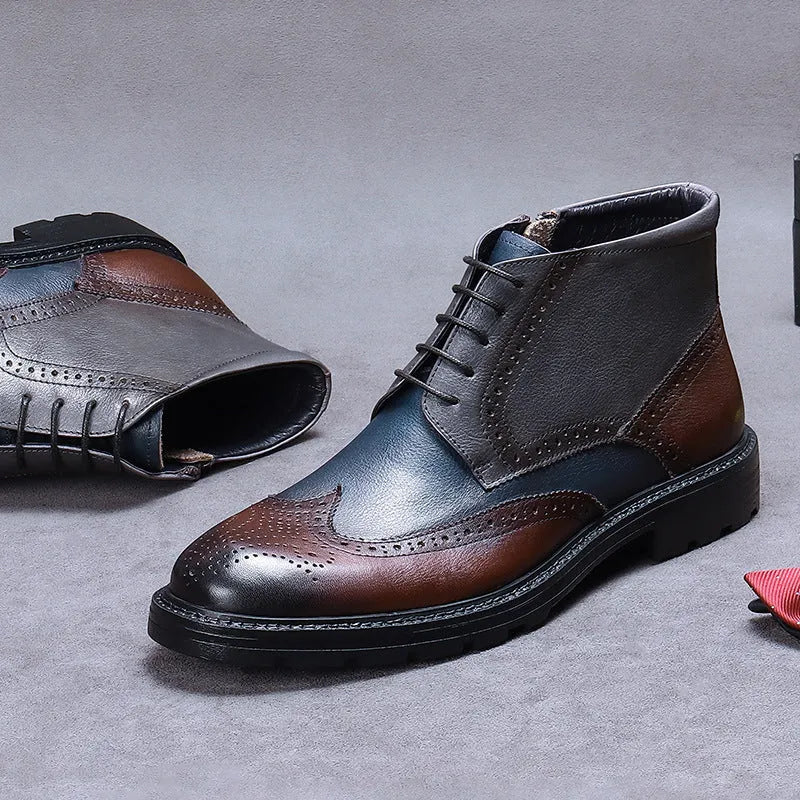 Men's coffee blue leather brogue boots with colour blocking, carved detail, and a low square heel.