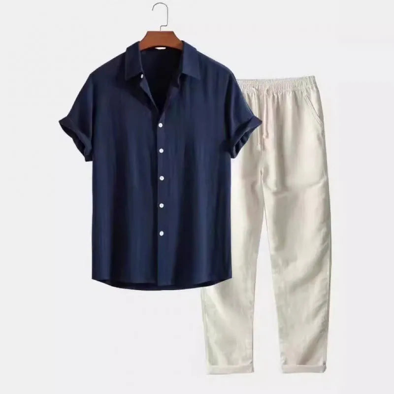 Men's casual linen-look short sleeve shirt and trousers suit set in coordinated two-piece design