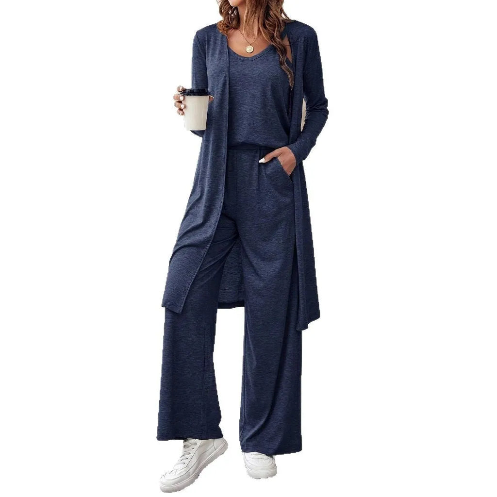 Women's blue three-piece casual suit with long cardigan, sling top, and trousers in Japanese-Korean style