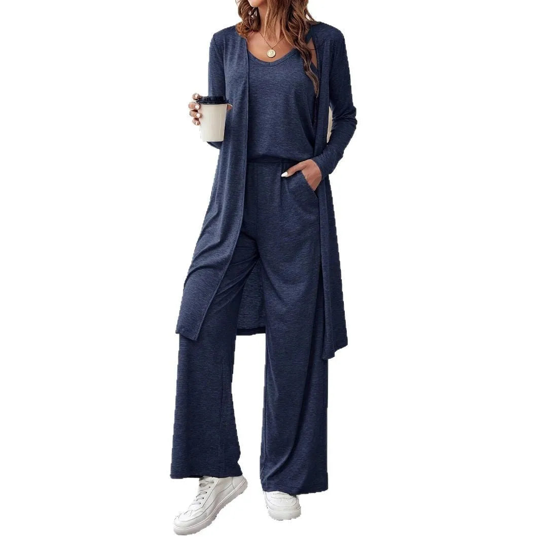 Women's blue three-piece casual suit with long cardigan, sling top, and trousers in Japanese-Korean style
