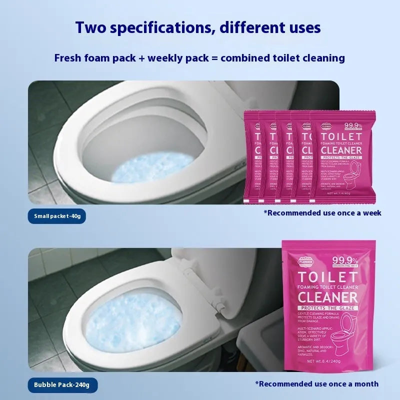 Toilet effervescent cleaning powder in blue ocean or pink floral fragrance, packaged in a large bag or box of sachets