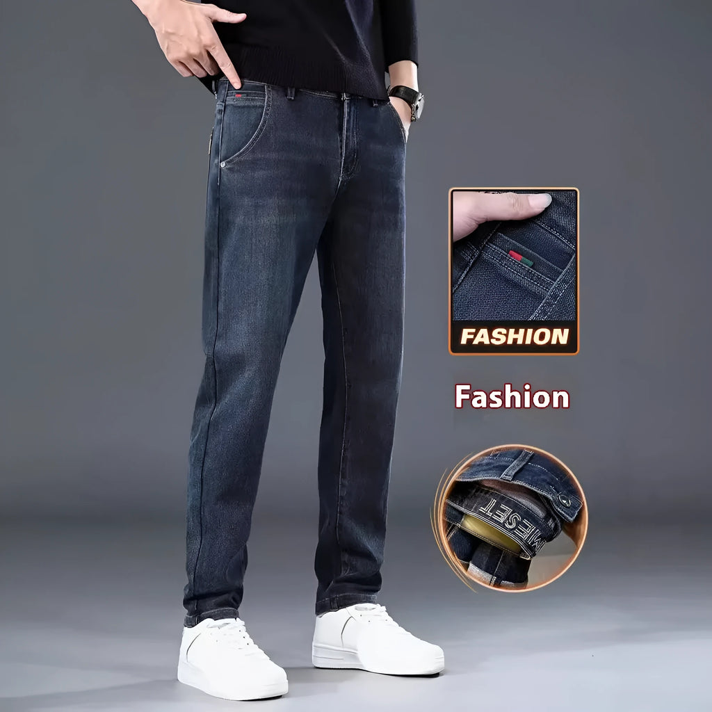 Men's slim straight casual trousers in polyester fabric with micro-elastic waist and zipper fly