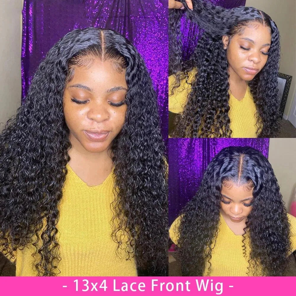 Curly human hair wig with lace front in various lengths showing natural texture and hand-woven construction