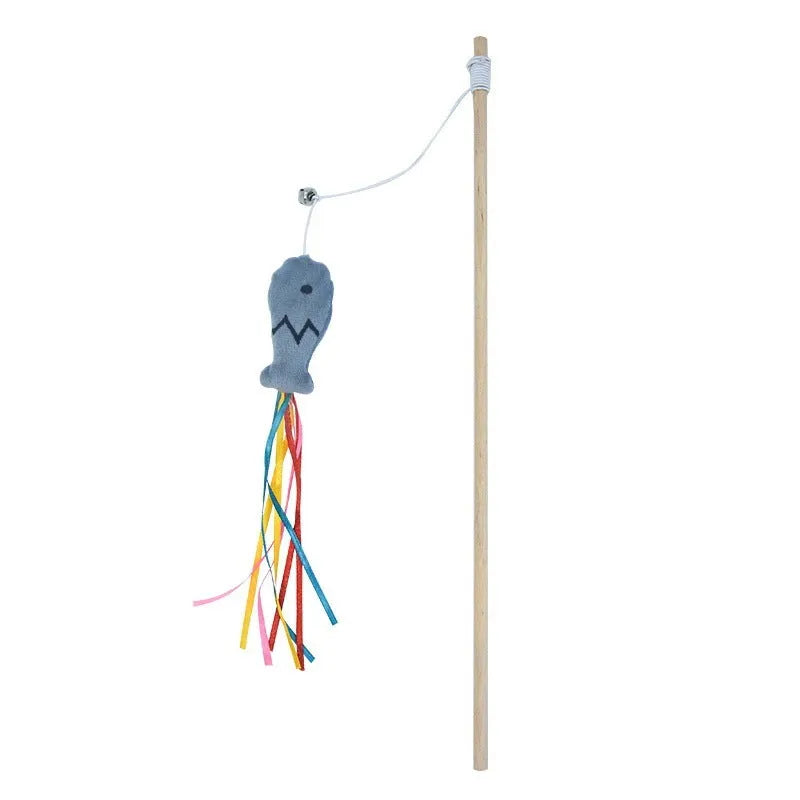 Cat wand toy with wooden handle, colourful ribbons, catnip fish and bell for interactive play