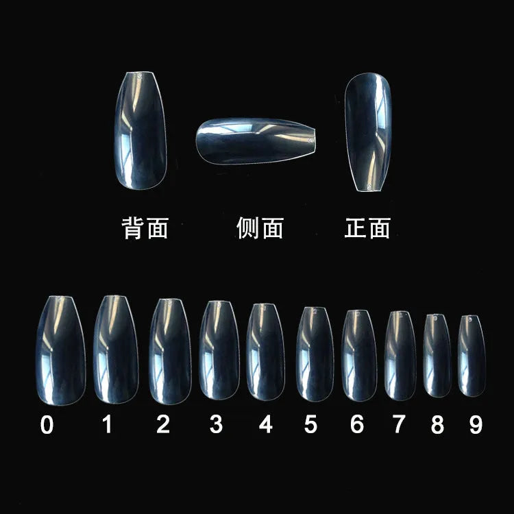 500 clear and natural ABS acrylic false nails in 10 sizes spread on a table