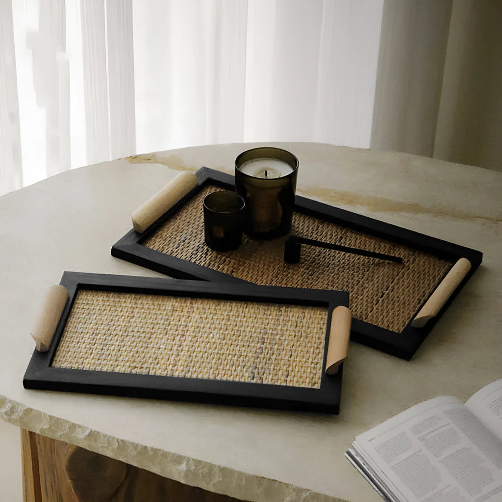 Pine wood serving tray with compartments shown in small and large size options.