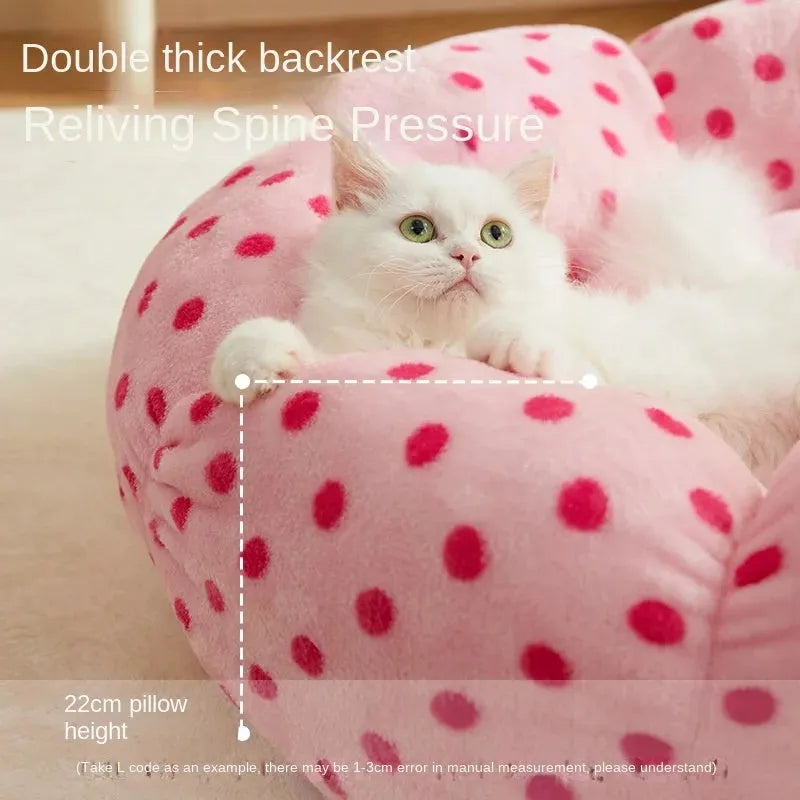 Pink dot fabric cat bed cushion shown in two size options for pets up to 20 pounds