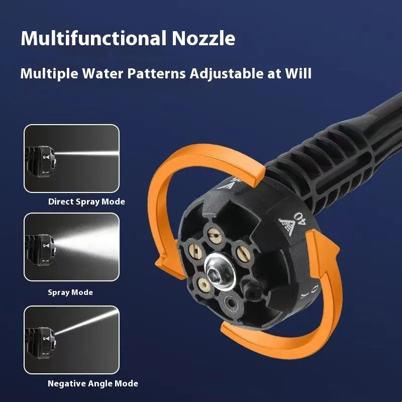 Green wireless high-pressure water gun with metal nozzle and extension accessories for mobile cleaning