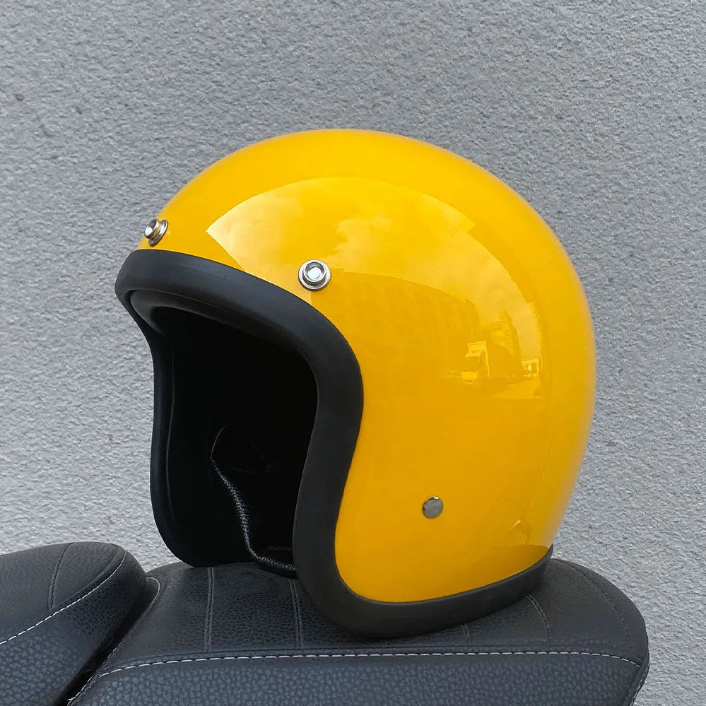 Retro style half motorcycle helmet in glass fibre construction for electric bike commuting