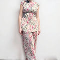 Women's long sleeve printed chiffon two-piece dress with floral pattern and high-waist skirt.