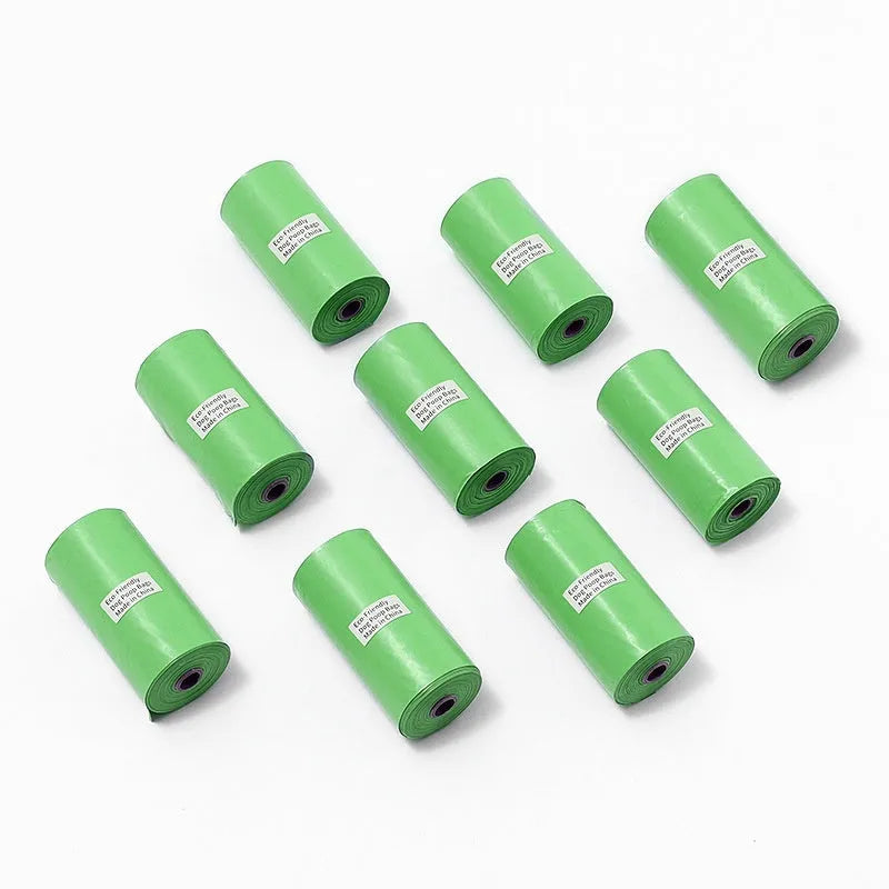 Roll of EPI degradable, thickened pet waste bags in green, shown with a lavender scent or unscented label option.