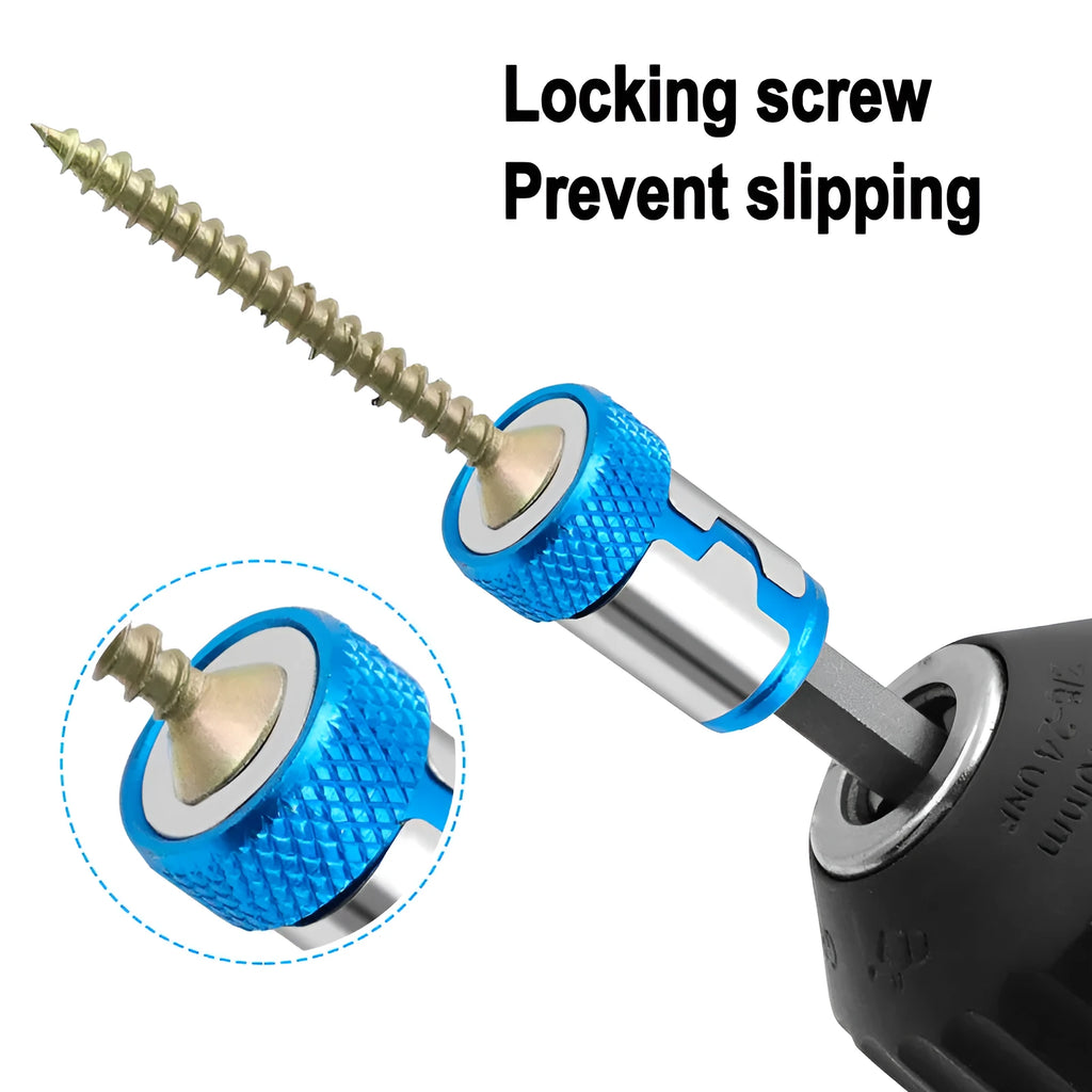 Light blue screwdriver bit with magnetic ring, slotted head, high carbon steel construction