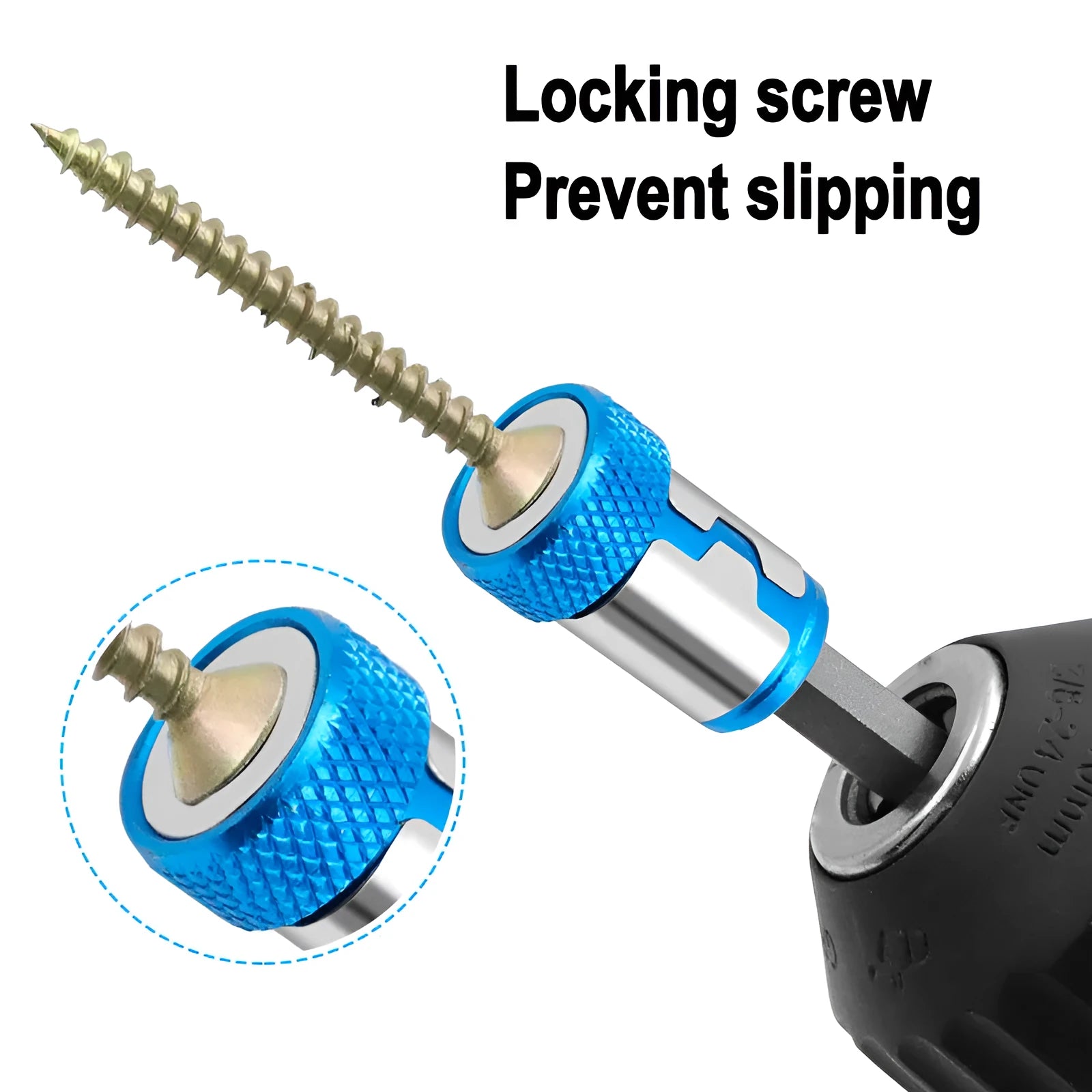 Light blue screwdriver bit with magnetic ring, slotted head, high carbon steel construction