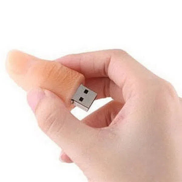 Silicone finger USB flash drive with USB 2.0 connector, available in 8GB and 64GB, shockproof and antimagnetic.