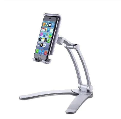 Silver aluminium alloy desktop stand holding a tablet, showing its adjustable clip and mounting base.