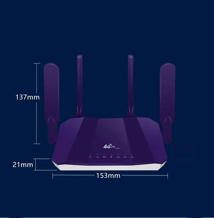 Blue dual-mode 4G and wired router with four external antennas, showing front panel and compact size.