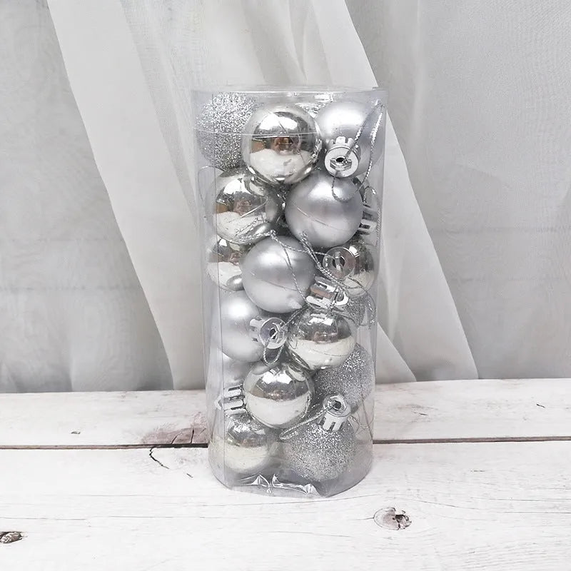Assorted gold, red, silver, and blue plastic electroplated Christmas baubles in 3cm and 6cm sizes.
