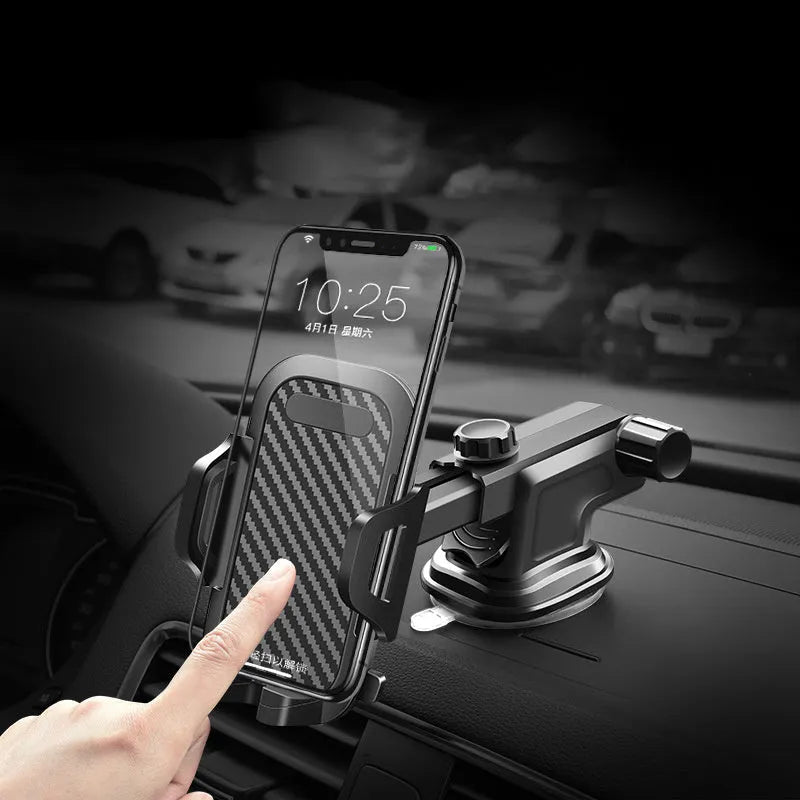 Black car phone holder made of ABS and EVA material designed for smartphones from 4.0 to 7.0 inches.