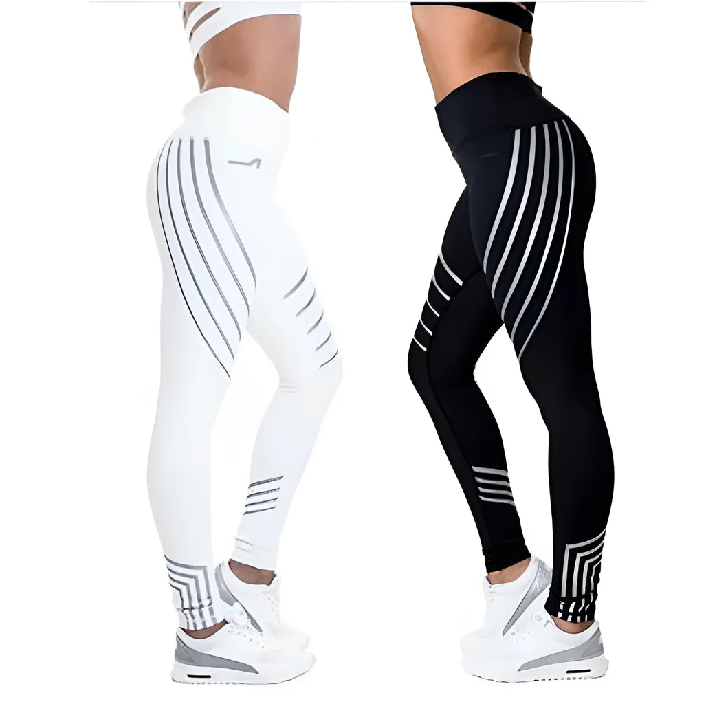 Women's milk silk workout leggings with glow print pattern in black and white colours