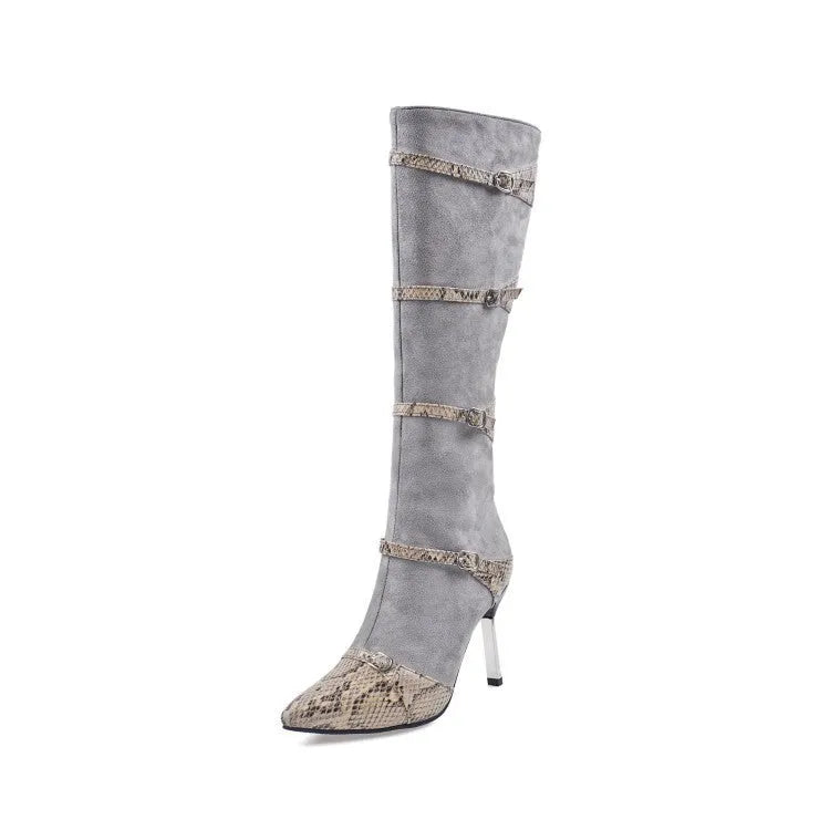 Women's knee high boots with thin 9cm heels in black and grey colours