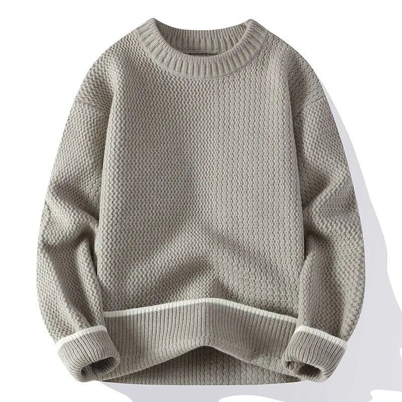 Men's grey casual pullover sweater with crew neck and long sleeves