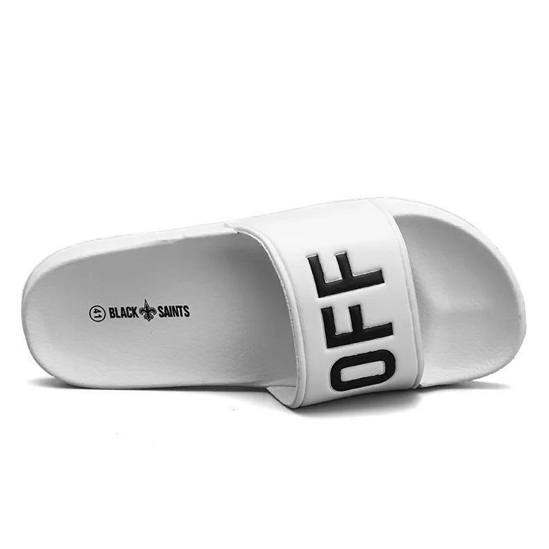 Men's large size open toe personalised slippers with rubber sole in black and white colours