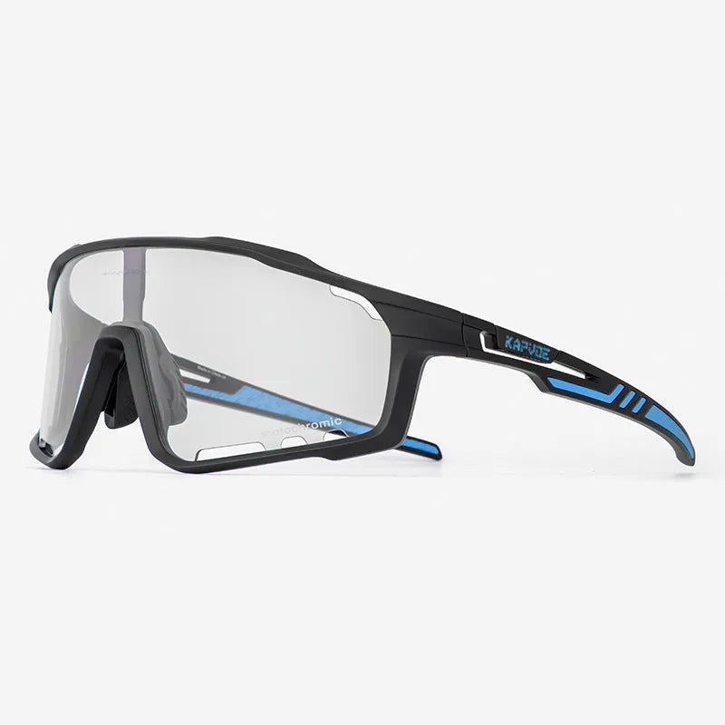 Semi-rimless photochromic cycling goggles with TR90 frame on a bicycle helmet.