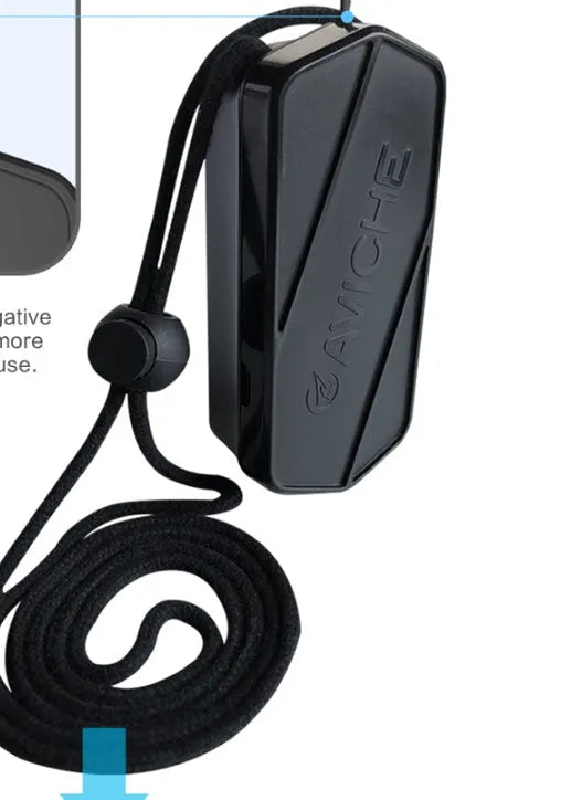 Black plastic wearable air purifier necklace showing front and side views.