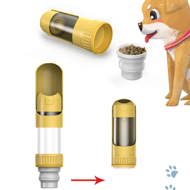 Portable dog water bottle with integrated drinking bowl in dark blue colour