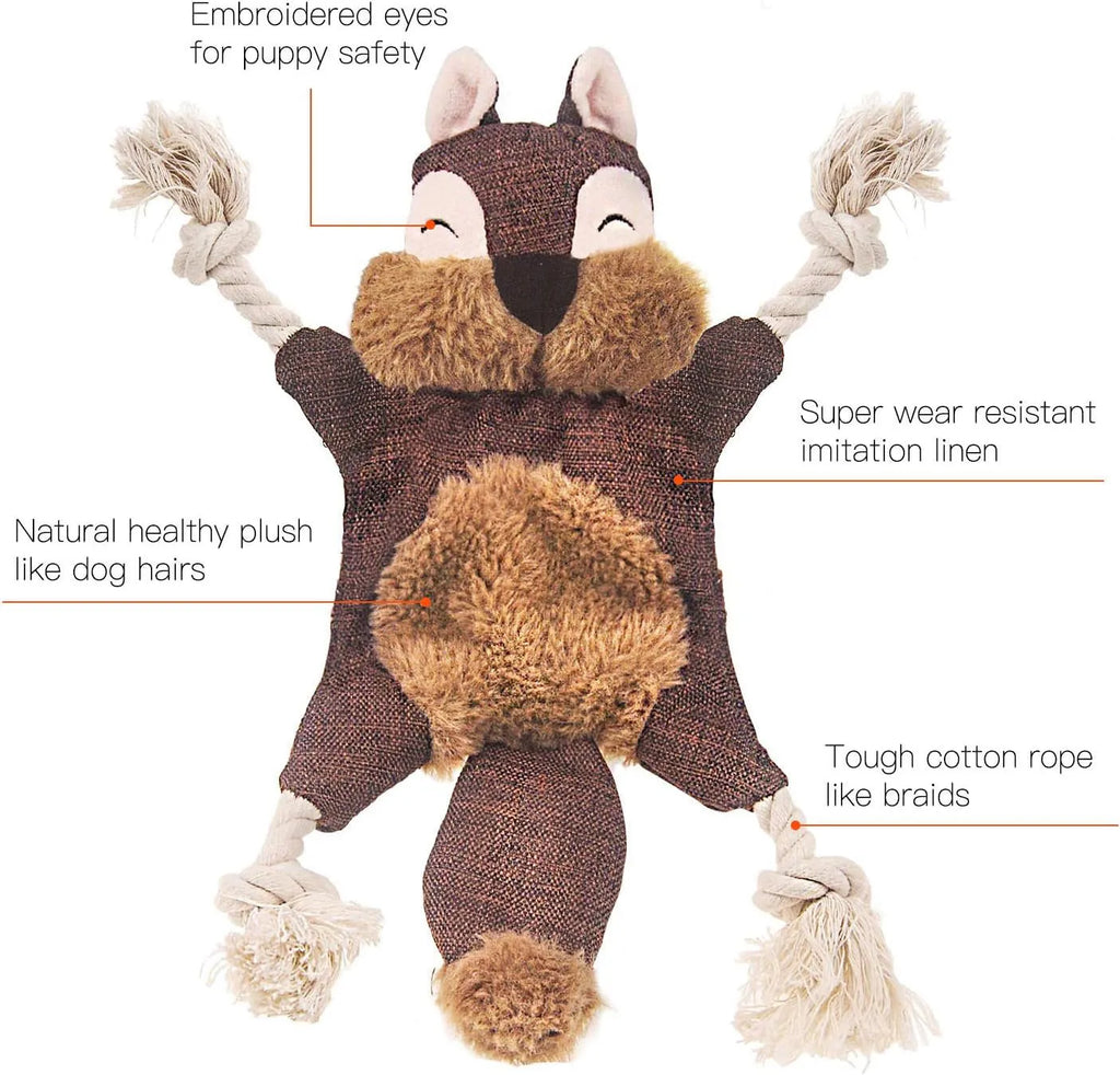 Brown plush fox dog toy with cotton rope limbs, embroidered eyes, and a squeaker in the head.