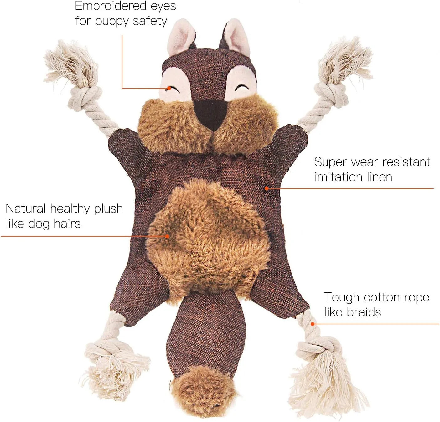 Brown plush fox dog toy with cotton rope limbs, embroidered eyes, and a squeaker in the head.