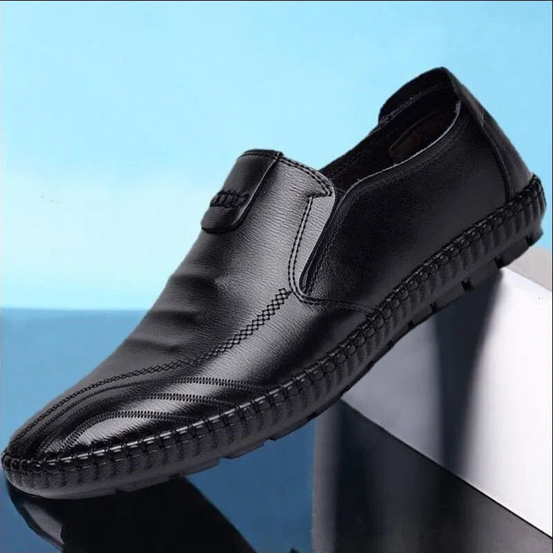Men's plain toe business shoes in black and brown PU leather with lace-up and slip-on style options.