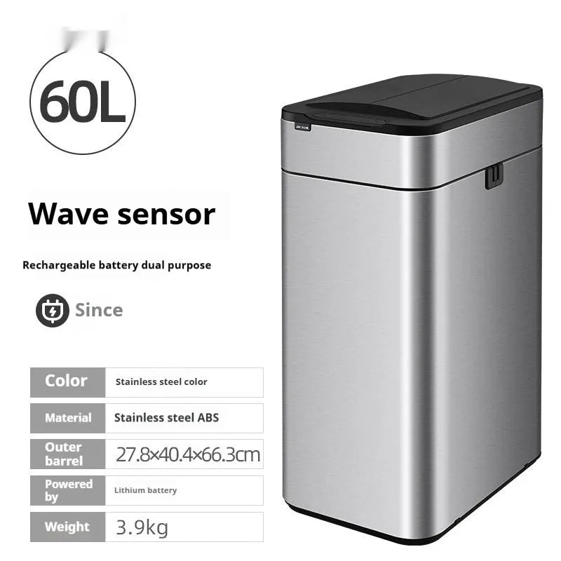 Square stainless steel inductive smart trash can with sensor lid.
