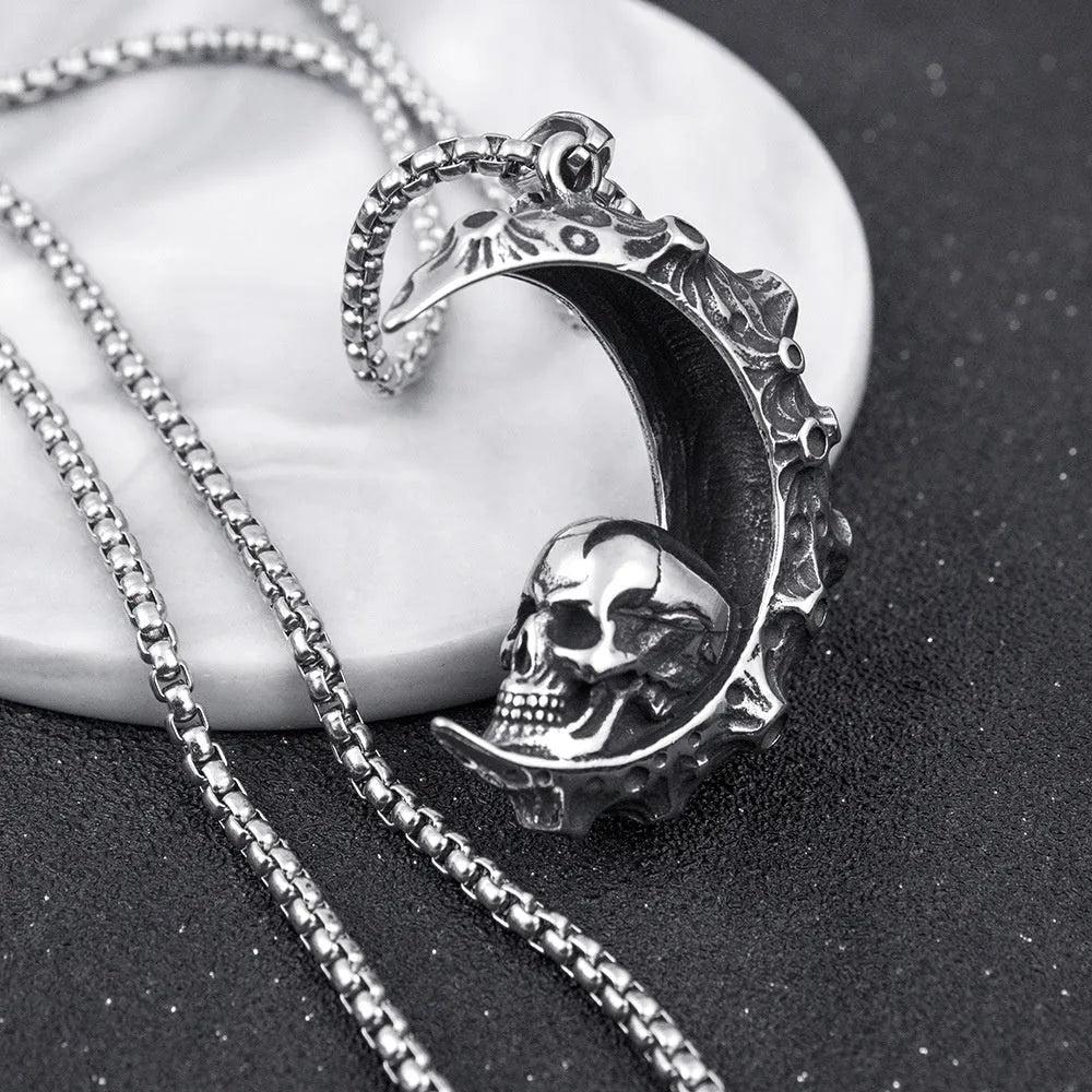 Men's silver stainless steel necklace with skull pendant designs on sports style chain