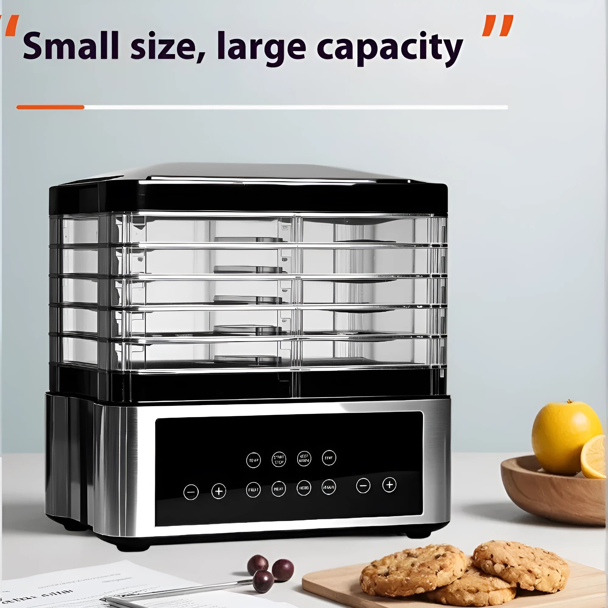 Silver stainless steel household food dehydrator with control panel and trays