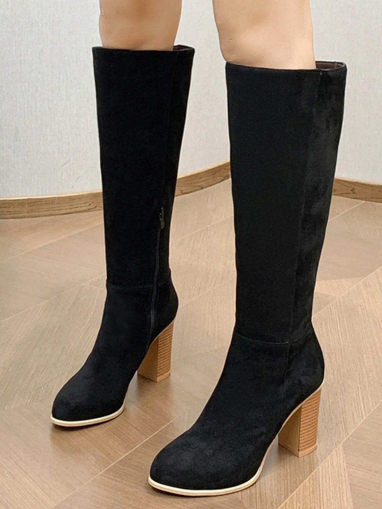 Black square toe high heel fashion boot for women made from artificial PU leather
