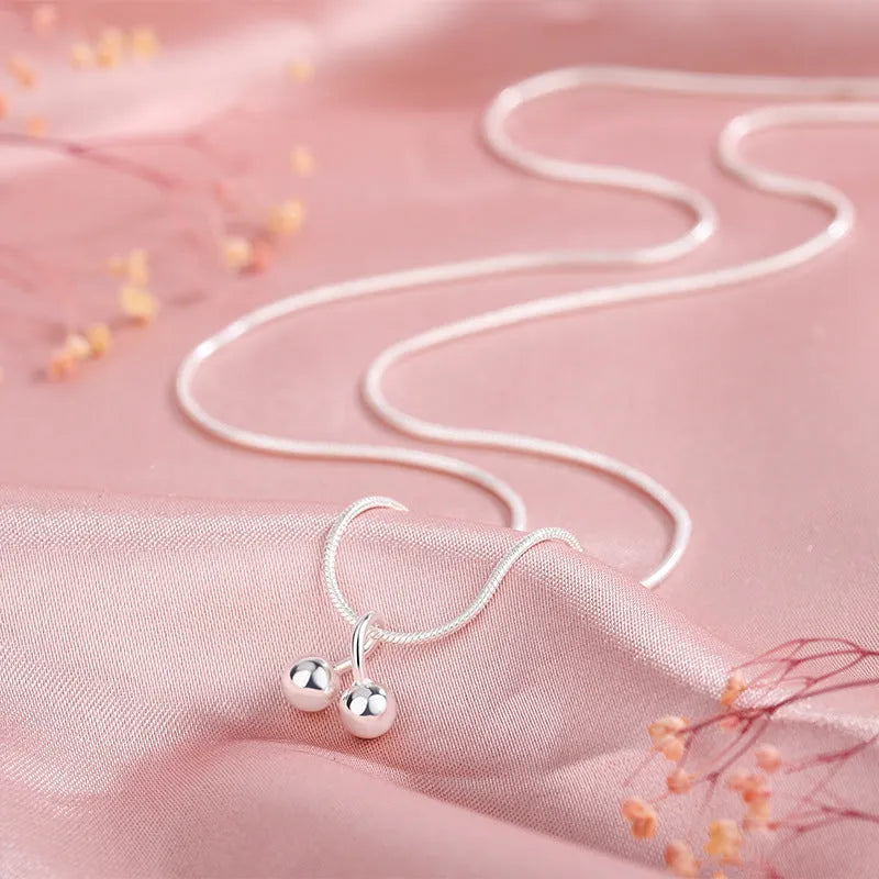 S925 sterling silver cherry necklace with snake bone chain, electroplated pendant, adjustable 21-50cm length