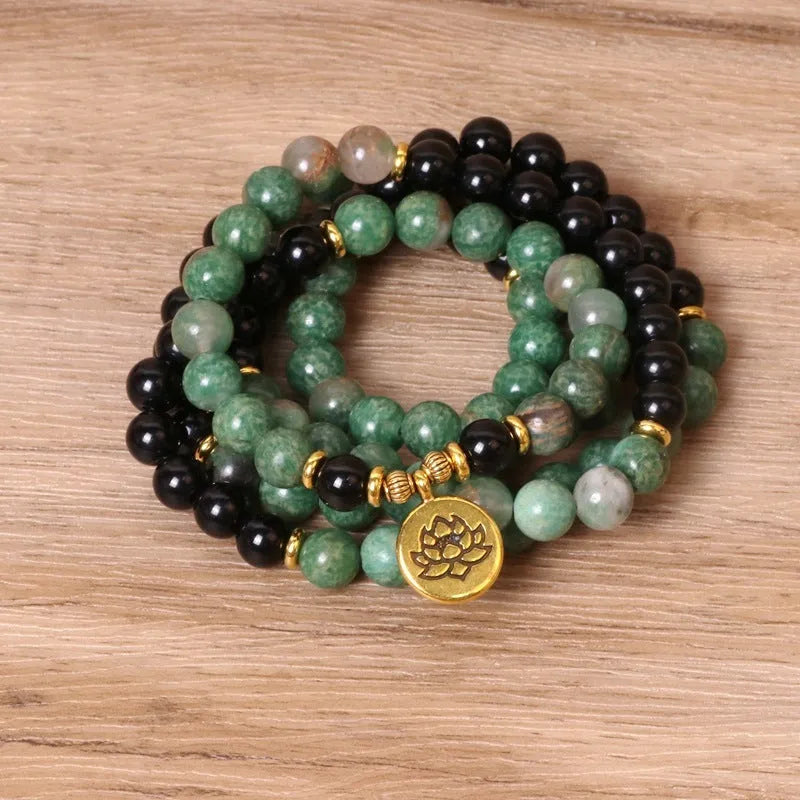 Green and black elastic beaded long bracelet with natural style alloy components