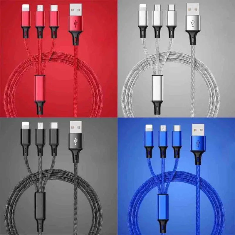 Black 3-in-1 braided charging cable with Lightning, Micro-USB and Type-C connectors on a 1.25m nylon cord
