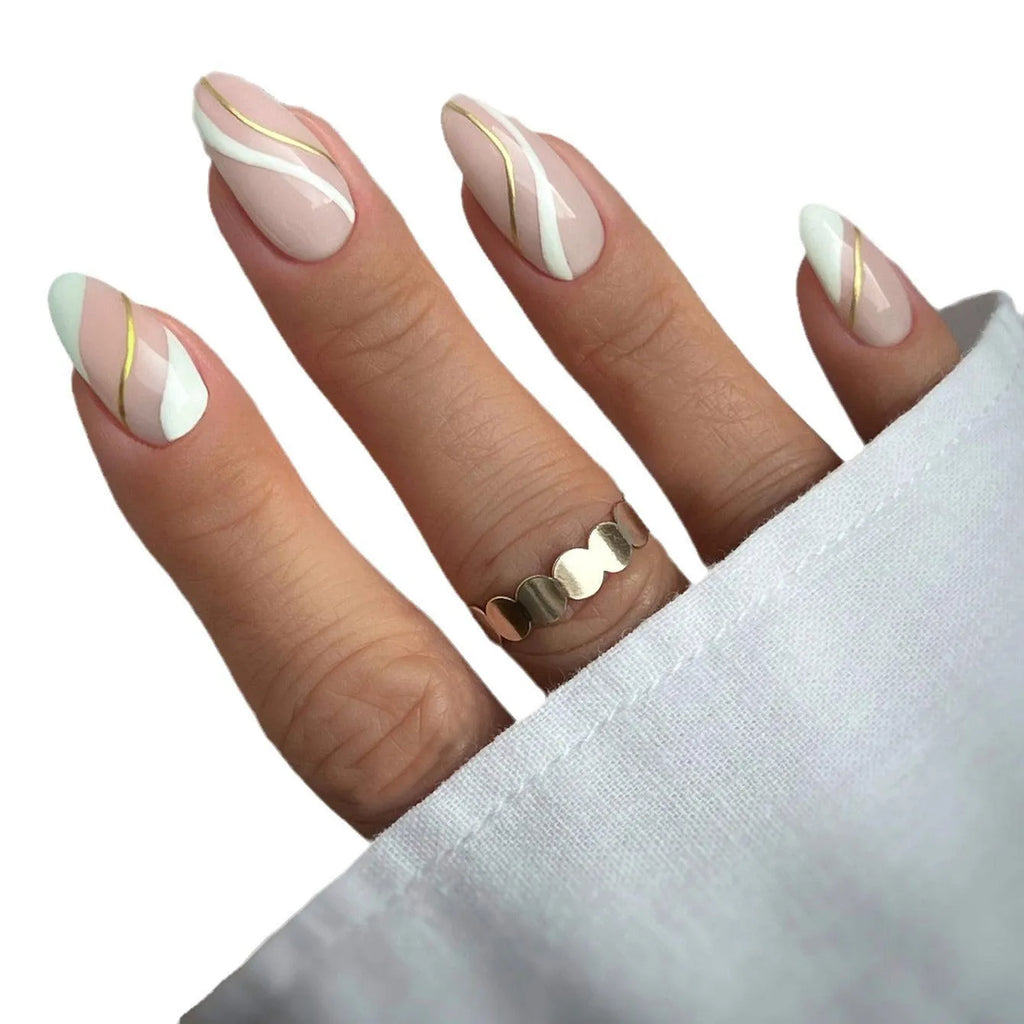 Golden lines plaid pattern wearable nail stickers in medium drop shape with jelly glue.