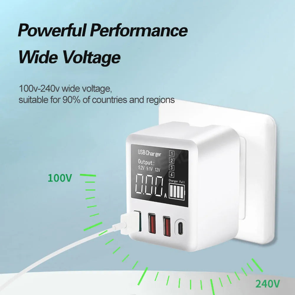 White 4-port fast travel charger with smart display, QC3.0 and PD3.0 ports, and UK plug.