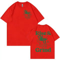 Men's loose linen t-shirt with green coffee cartoon design showing 'Rise and Grind' text