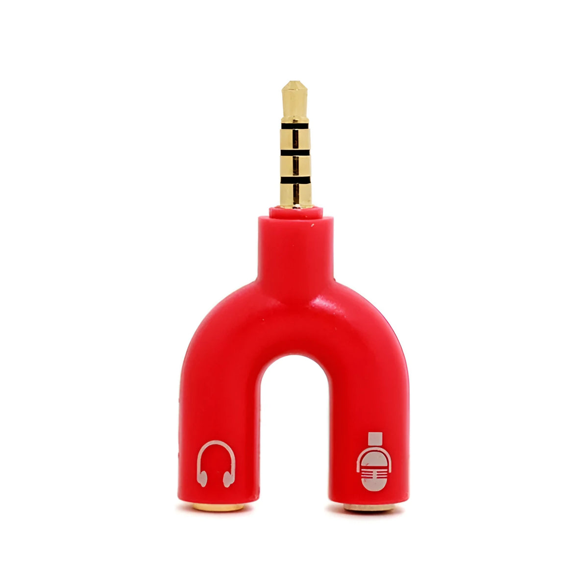 A compact white 3.5mm headphone splitter adapter with two female ports and one male jack.