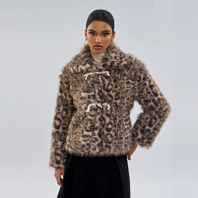 Leopard print street fashion coat for women with regular sleeves and 50cm length