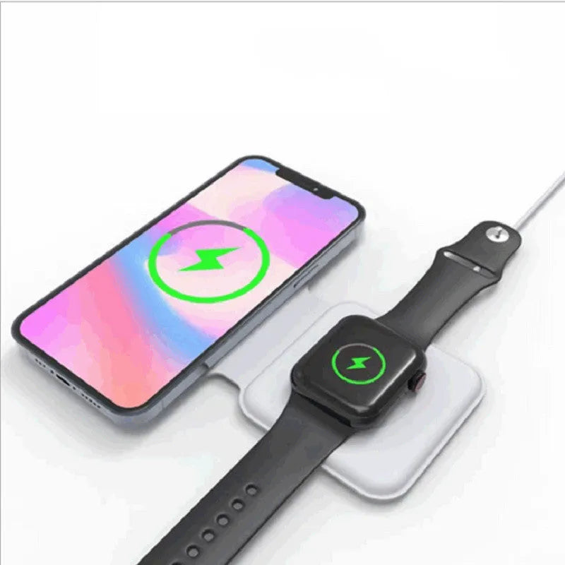 White folding dual magnetic wireless charger showing 180° adjustable angle and dual charging surfaces