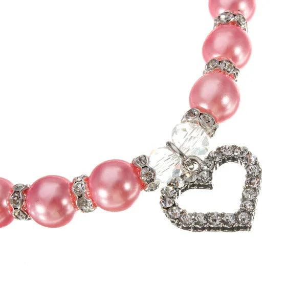 Pet pearl necklace with 10mm imitation pearls, 7mm rhinestone beads, alloy pendant, and white plated K detail