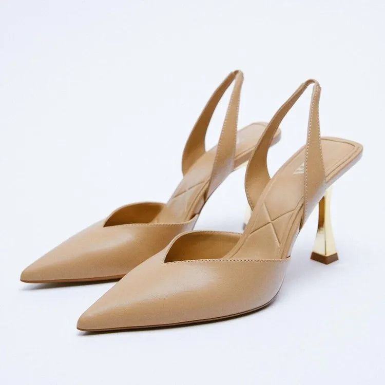 Women's pointed toe patent leather high heels in apricot colour with shallow mouth design