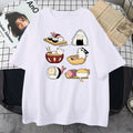 Men's black cotton t-shirt with a cute cartoon cat sushi print, short sleeves, loose fit.