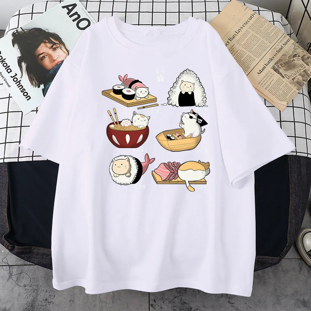 Men's black cotton t-shirt with a cute cartoon cat sushi print, short sleeves, loose fit.