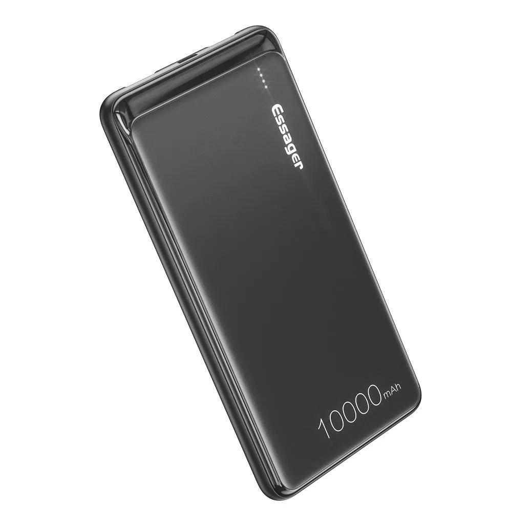 Black or white Essager 10000mAh portable power bank showing dual USB ports and LED indicator lights.